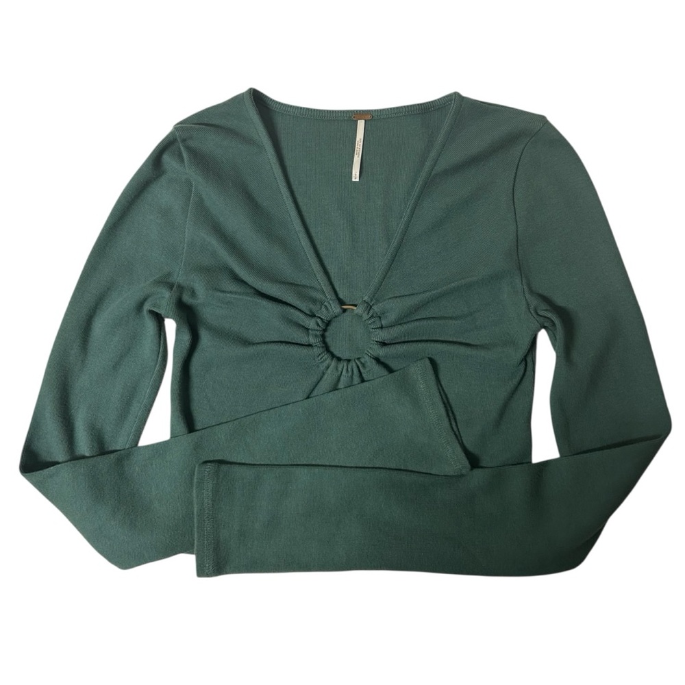 Free People Teal Long Sleeve Crop Top with Ring Detail - Picture 4 of 7